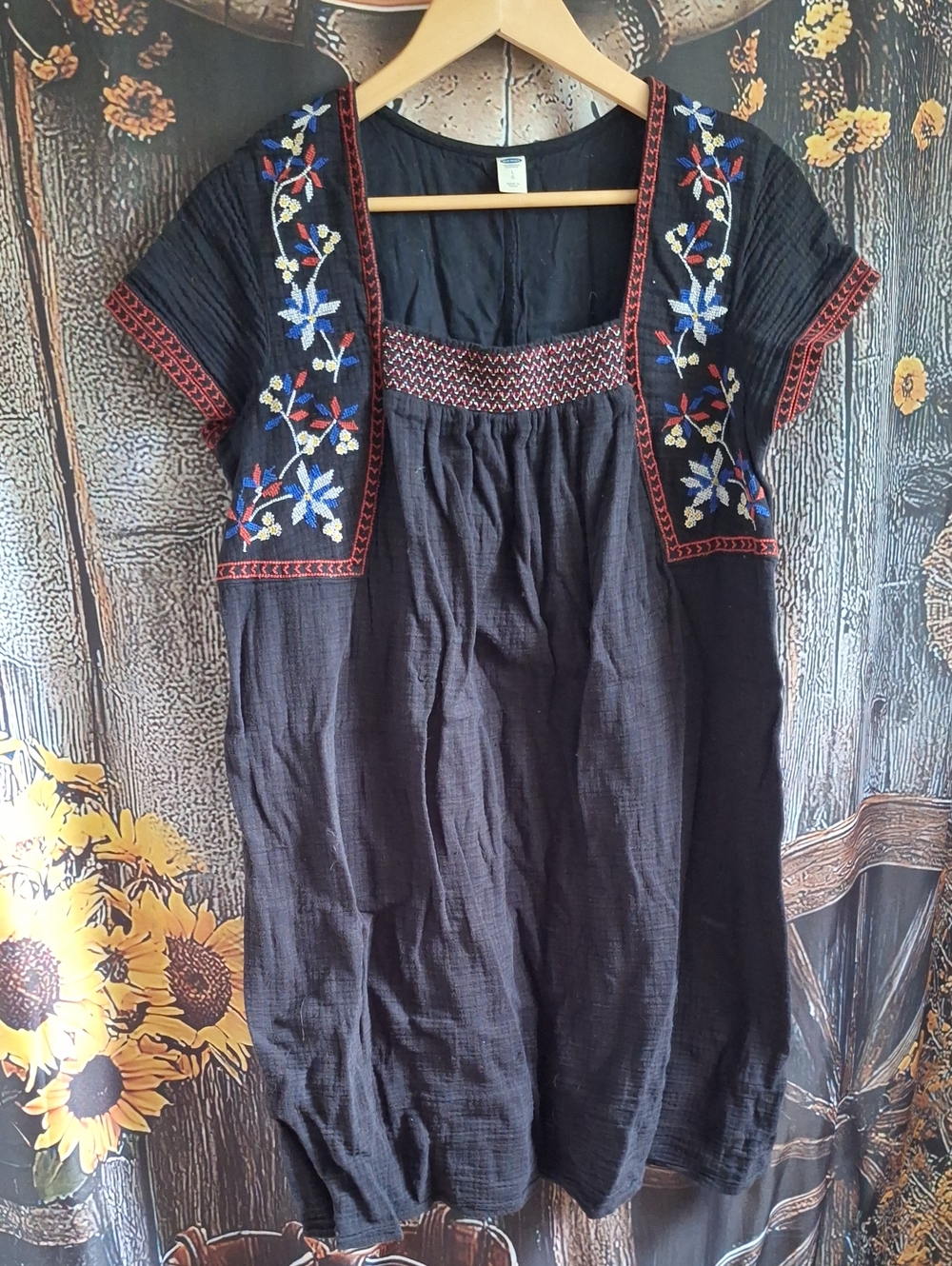 Embroidered Black Cotton Peasant Top